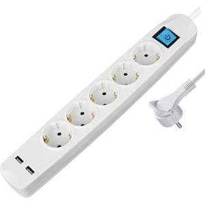 Transmedia 5-way power strip with 2x USB, white, 5m