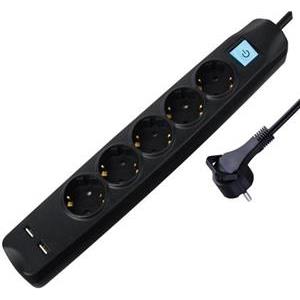 Transmedia 5-way power strip with 2x USB, black, 3m