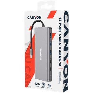 CANYON DS-12, 13 in 1 USB C hub, with 2*HDMI, 3*USB3.0: support max. 5Gbps, 1*USB2.0: support max. 480Mbps, 1*PD: support max 100W PD, 1*VGA,1* Type C data, 1*Glgabit Ethernet, 1*3.5mm audio jack, cab