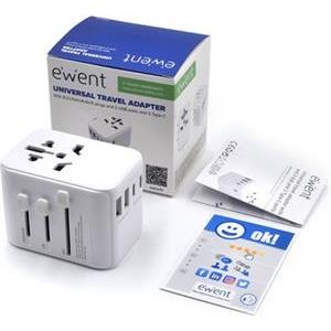 Universal Travel Adapter Ewent EW1470, EU/USA/UK/AUS/CN/IT/BR, 2xUSB-A, 3xUSB-C, White