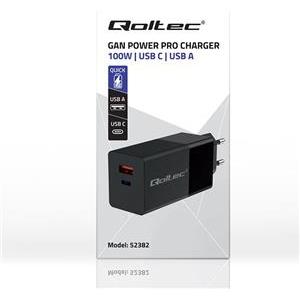 Qoltec 52382 GaN POWER PRO charger | 1xUSB type C | 1xUSB A | 100W | 5-20V | 1.5-5A | PD | Black