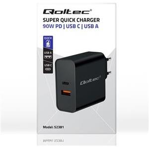 Qoltec 52381 Super Quick PD charger | 1xUSB-C | 1xUSB| 90W | 5-20V | 2.4-4.35A | Black