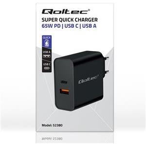 Qoltec 52380 Super Quick PD Charger | 1xUSB-C | 1xUSB | 65W | 5-20V | 1.5-3.25A | Black