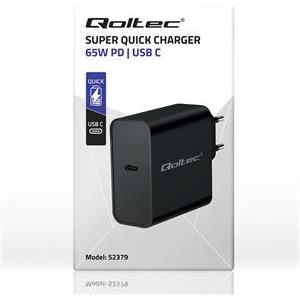 Qoltec 52379 Super Quick PD Charger | 1xUSB-C | 65W | 5-20V | 3-3.25A | Black