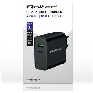 Qoltec 52378 Super Quick PD Charger | 1xUSB-C | 1xUSB | 45W | 5-20V | 2.25-3A | Black