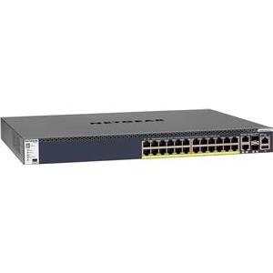 Stackable Managed Switch, L3, 24-port 1000BASE-T (RJ45) PoE+, 2-port 10GBASE-T (RJ45), 2-port 10GBASE-X (SFP+), 128Gbps, USB, Mini-USB / RJ45 / RS232 console ports, APS1000W PSU