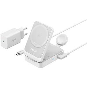 ANKER MAGGO MAGNETIC WIRELESS CHARGER 15W, FOLDABLE 3-IN-1 WITH CHARGER BUNDLE, EU PLUG: BIJELA-PUNJAČ