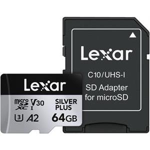 Micro SDXC card Lexar Professional SILVER Plus, 64GB, 205MB/s, U3, V30, A2, UHS-I, w/adapter