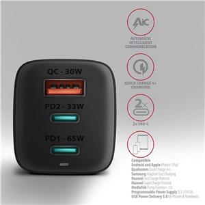 AXAGON ACU-DPQ65 zidni punjač 1xUSB-A QC4, 2xUSB-C PD 33/65W, crni