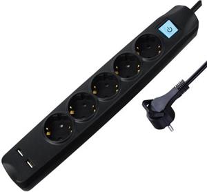 Transmedia 5-way power strip with 2x USB, black, 3m