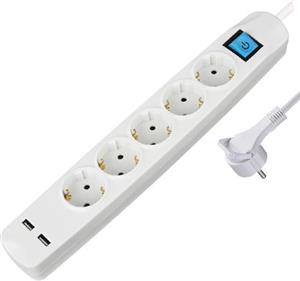 Transmedia 5-way power strip with 2x USB, white, 5m