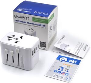 Universal Travel Adapter Ewent EW1470, EU/USA/UK/AUS/CN/IT/BR, 2xUSB-A, 3xUSB-C, White