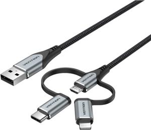 Vention USB 2.0 A Male to 3-in-1 Micro-B USB-C Lightning Male Cable 1,5m, Gray