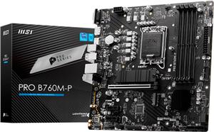 MSI PRO B760M-P, mATX, LGA 1700, Dual Channel DDR5 6800, 1x PCIe x16 slots, 2x M.2 slots, 1x HDMI, 1x DP, 1x VGA, 1x USB 3.2 Gen 2 Type-C, 1x USB 3.2 Gen 1, 4x USB 2.0, 7.1 HD Audio, 1Gbps LAN, 3Y