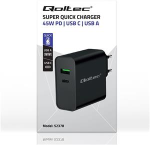 Qoltec 52378 Super Quick PD Charger | 1xUSB-C | 1xUSB | 45W | 5-20V | 2.25-3A | Black