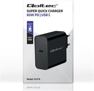 Qoltec 52379 Super Quick PD Charger | 1xUSB-C | 65W | 5-20V | 3-3.25A | Black