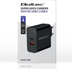 Qoltec 52381 Super Quick PD charger | 1xUSB-C | 1xUSB| 90W | 5-20V | 2.4-4.35A | Black