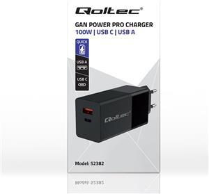 Qoltec 52382 GaN POWER PRO charger | 1xUSB type C | 1xUSB A | 100W | 5-20V | 1.5-5A | PD | Black