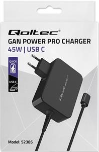 Qoltec 52385 GaN POWER PRO charger | 1xUSB-C | 45W | 5-20V | 2.25-3A | Black