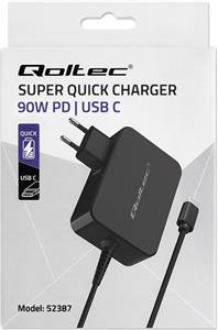 Qoltec 52387 GaN POWER PRO charger | 1xUSB-C | 90W | 5-20V | 3-4.5A | Black