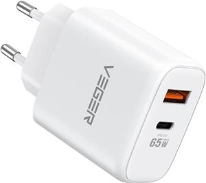 VEGER CPD65E 2-port charger, USB-A/USB-C, QC3.0/PD3.0, white