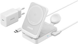 ANKER MAGGO MAGNETIC WIRELESS CHARGER 15W, FOLDABLE 3-IN-1 WITH CHARGER BUNDLE, EU PLUG: BIJELA-PUNJAČ