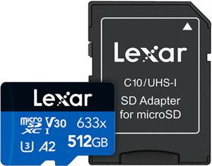 Micro SDXC card Lexar High-Performance 633x, 512GB, 100MB/s, U3, V30, A2, UHS-I, w/ adapter