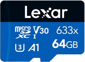 Micro SDXC card Lexar High-Performance 633x, 64GB, 100MB/s, U3, V30, A1, UHS-I