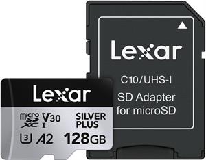 Micro SDXC card Lexar Professional SILVER Plus, 128GB, 205MB/s, U3, V30, A2, UHS-I, w/adapter