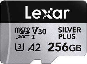 Micro SDXC card Lexar Professional SILVER Plus, 256GB, 205MB/s, U3, V30, A2, UHS-I, w/adapter