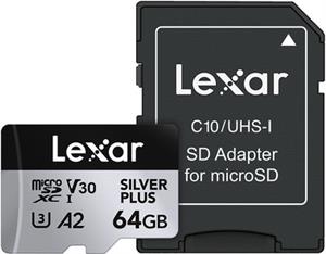 Micro SDXC card Lexar Professional SILVER Plus, 64GB, 205MB/s, U3, V30, A2, UHS-I, w/adapter