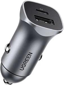 UGREEN auto punjač 30W, USB-C+USB-A, PD3.0/QC3.0, sivi